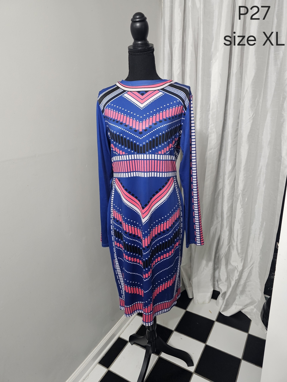 Blue & Pink Geometric Long Sleeve Dress